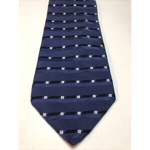 Barneys NY Blue Ladder Pattern 100% Silk Made In Italy Black White on Navy VTG